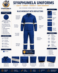 An infographic detailing the features of a blue Siyaphumela uniform with reflective strips, showing a central front view of the jacket and pants, surrounded by text blocks describing quality, fabric, and performance details.