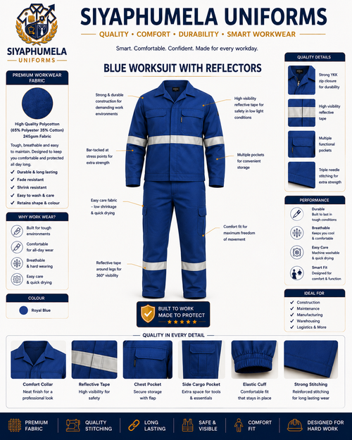 An infographic detailing the features of a blue Siyaphumela uniform with reflective strips, showing a central front view of the jacket and pants, surrounded by text blocks describing quality, fabric, and performance details.